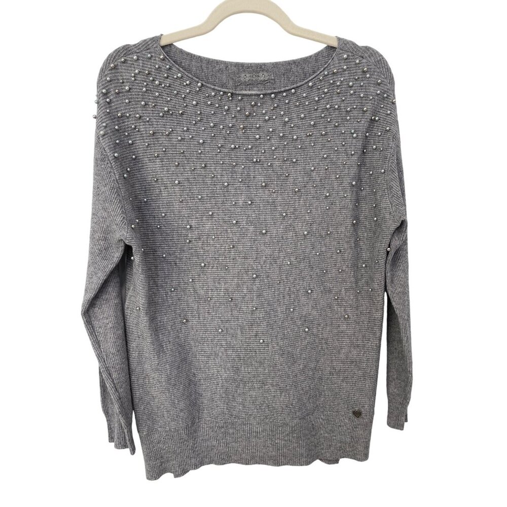 Alea Pearl Embellished Pullover Sweater Womens Large Gray Ribbed Knit Viscose